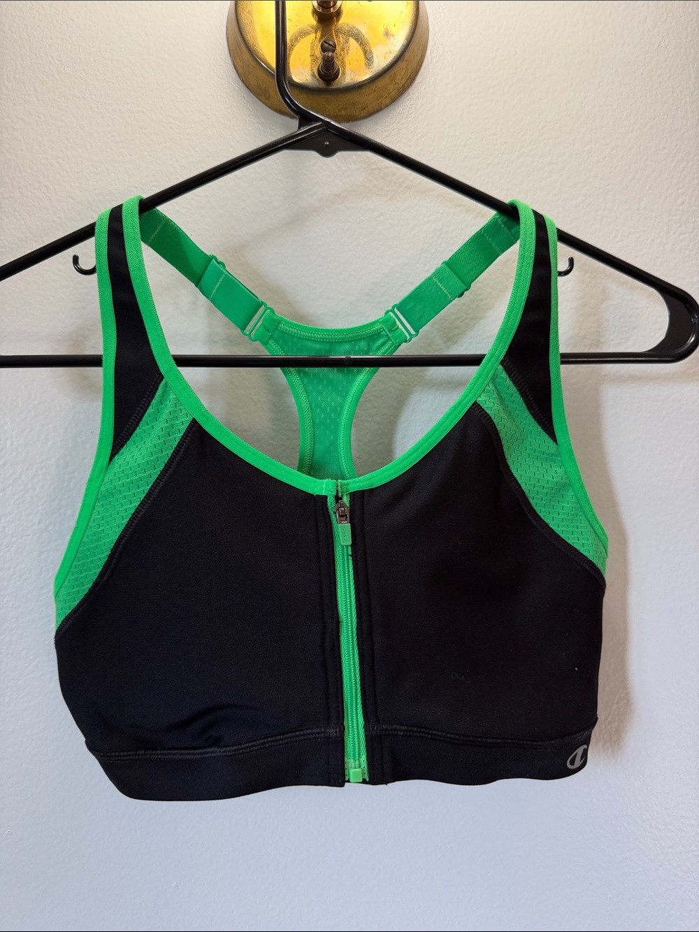 Champion Black Sports Bra with Green Trim and Front Zip
